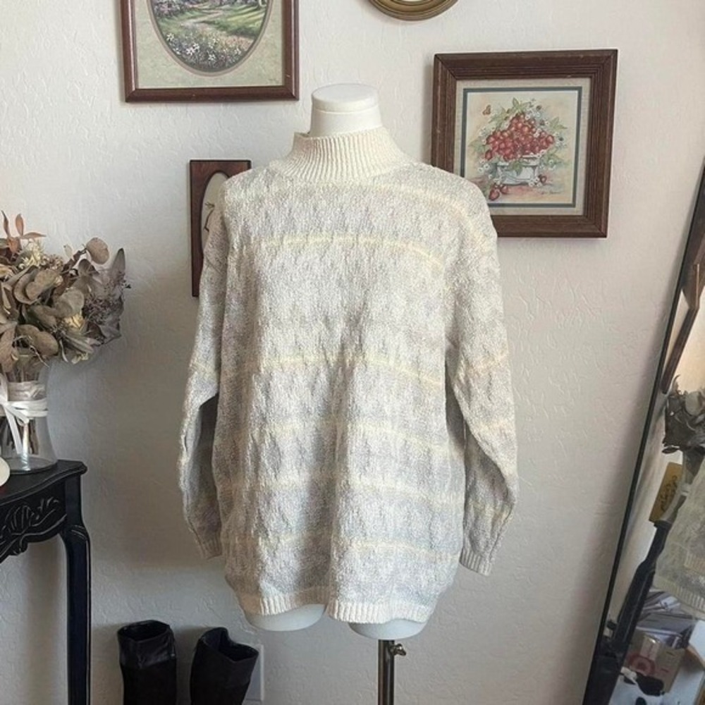 Liz Claiborne Liz & Co Sweater Women Petite M Cream Striped Mock Neck Vintage 90